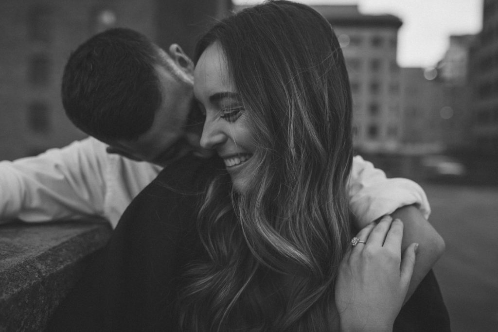 downtown memphis engagement portraits on a parking garage rooftop, black and white photos