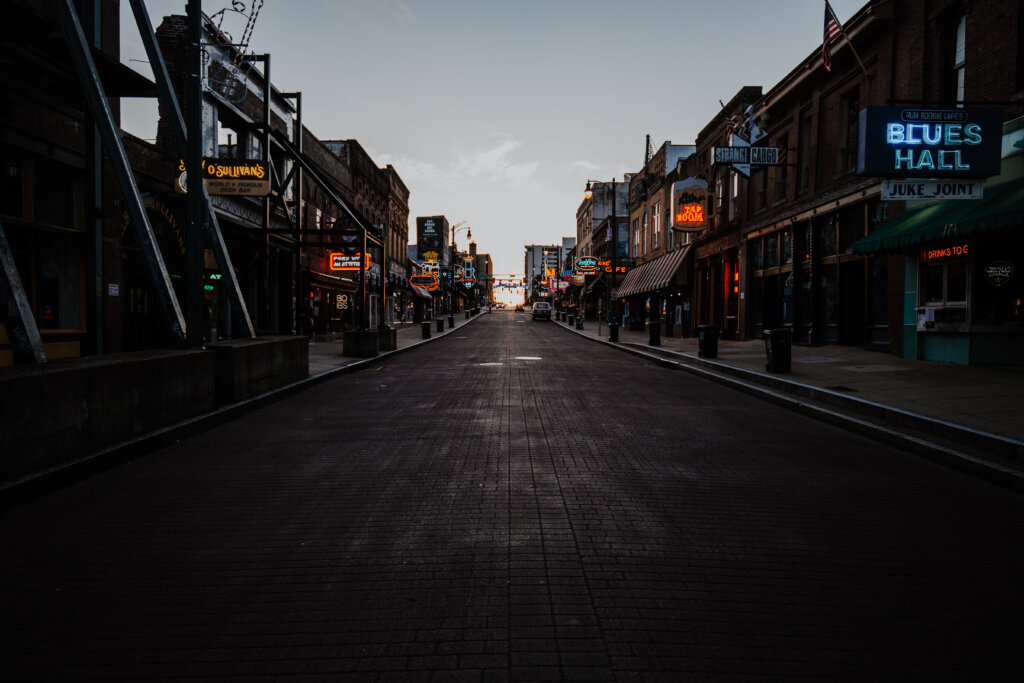 photo of beale street at dusk, a perfect walk on a romantic Memphis getaway
