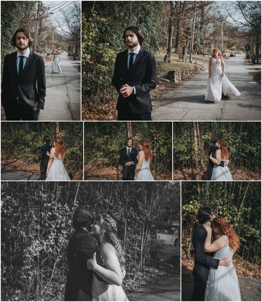a first look in fayetteville, ar. before their intimate coffee shop wedding.