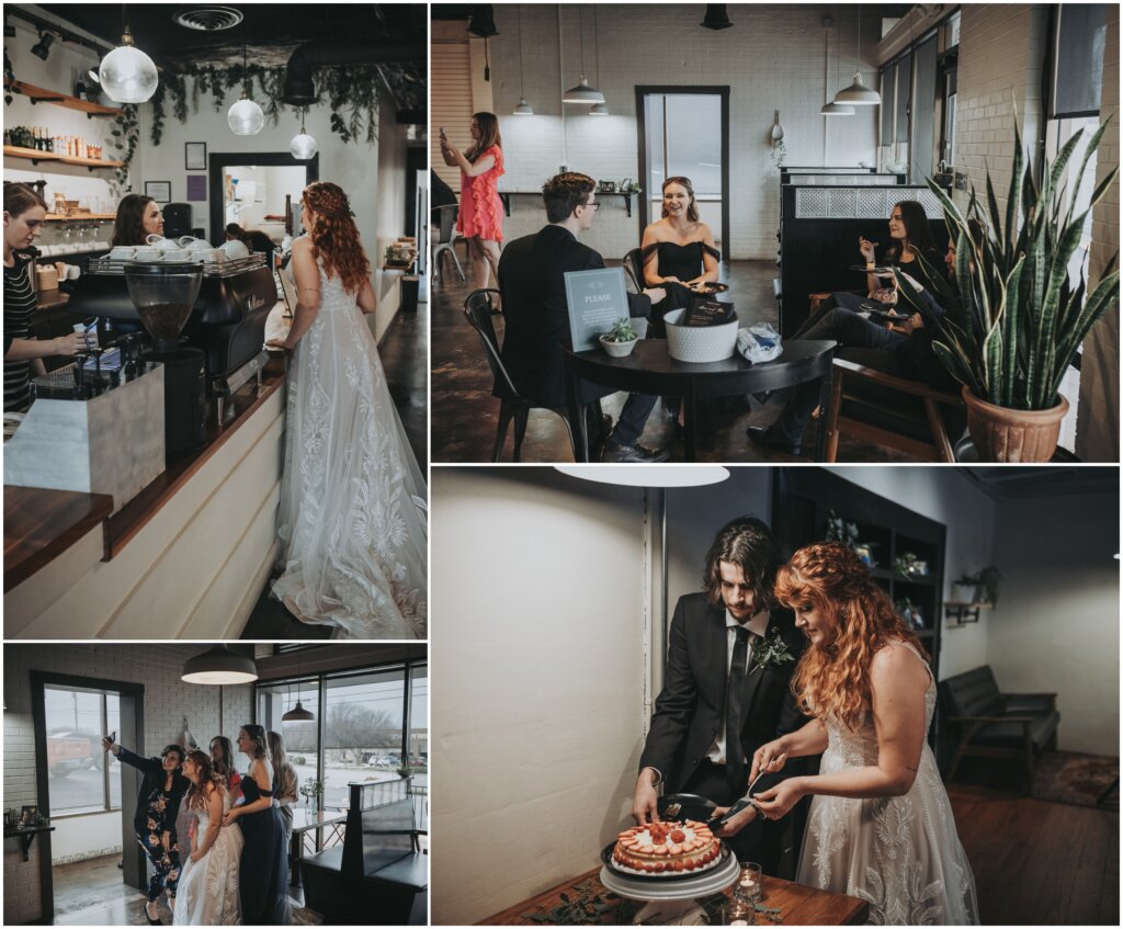 intimate wedding reception at basecamp coffee shop in fayetteville, ar.