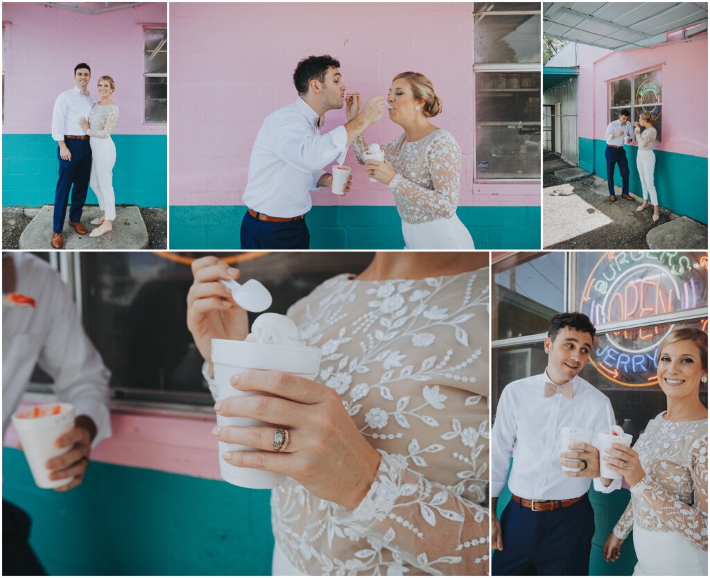 Newlyweds take portraits with their wedding cake sno cones from Jerry's Sno Cones.