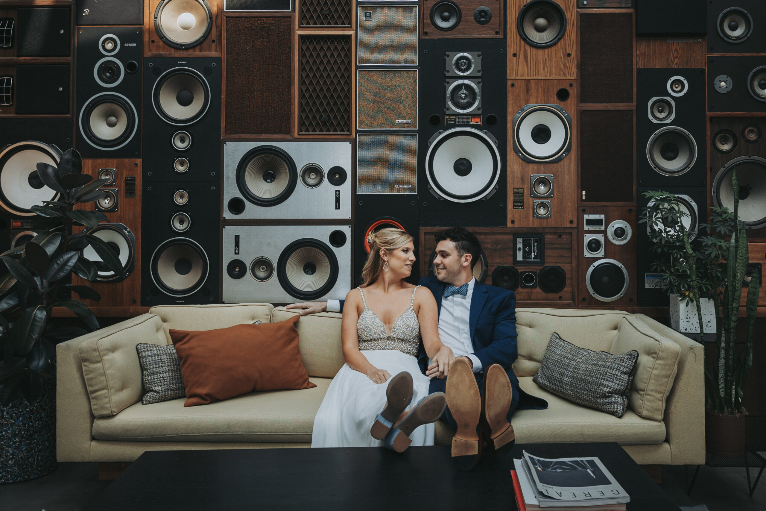 Wedding portrait in front of a speaker wall at Central Station Hotel