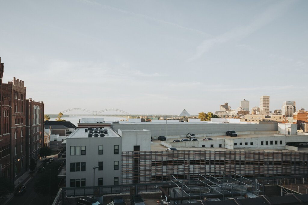 A view of the Memphis skyline and Mississippi River from the rooftop of the Emerge Building.