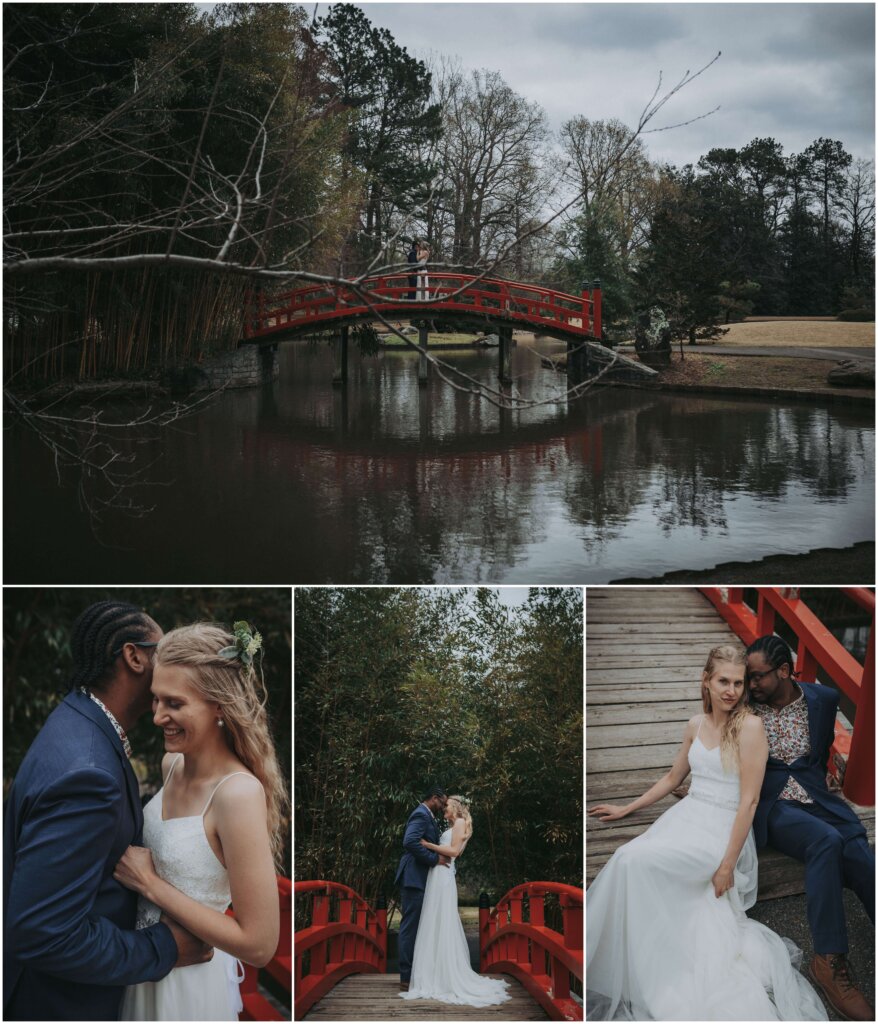 Intimate portraits of a couple standing on the red bridge in the Japanese Garden during their elopement photoshoot.