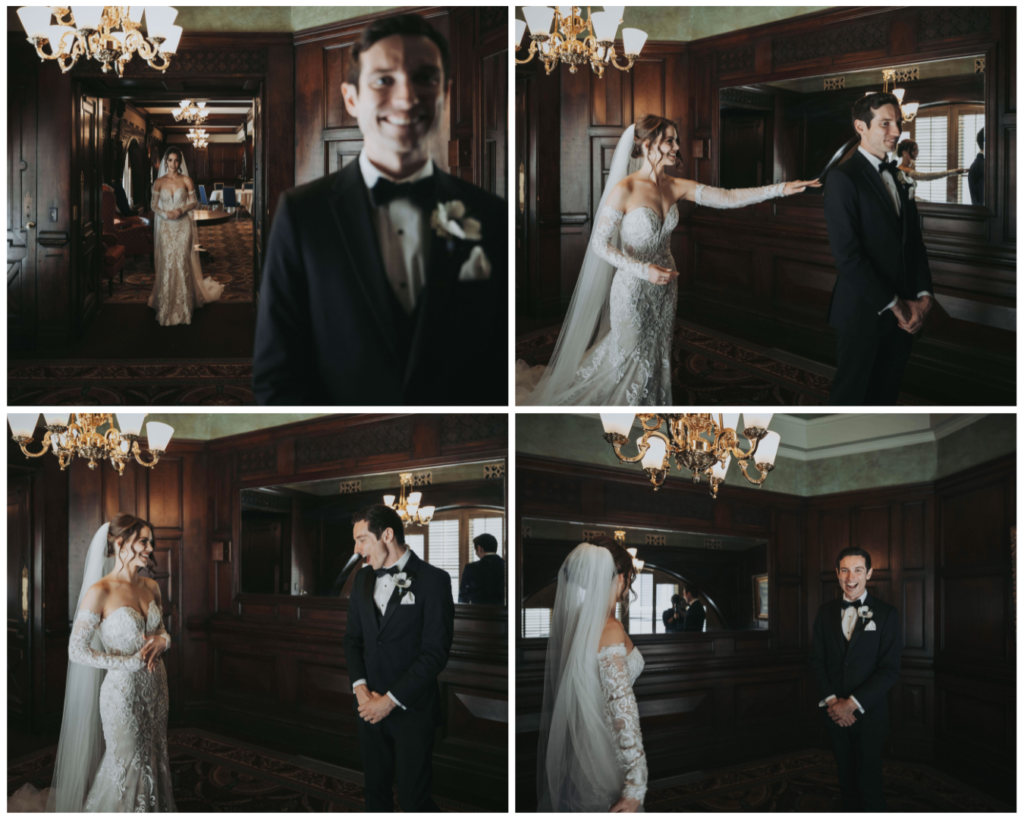 A sweet and excited first look in the Oak Room at the Seelbach Hotel.