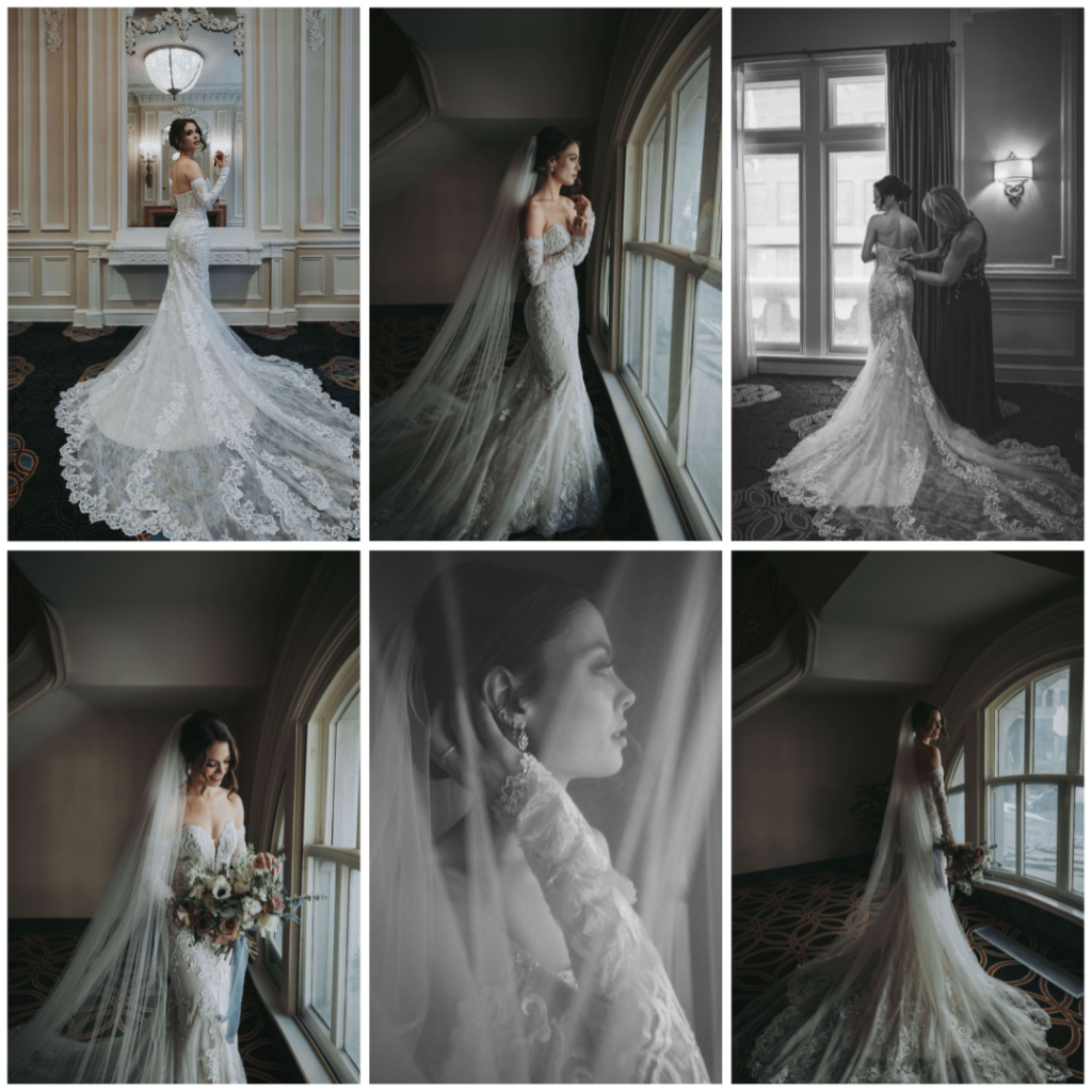 Bridal portraits at the Seelbach Hotel, the bride in her dreamy gown from Blue House Bridal.